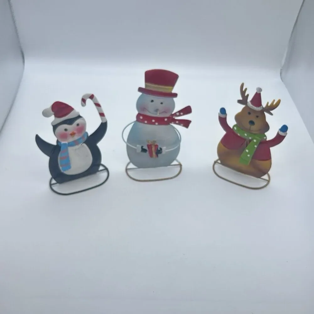 Lot of 3 Metal Christmas Decor Penguin Snowman Reindeer Holiday Tabletop Figures